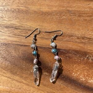 White, blue and pink beaded dangling earrings